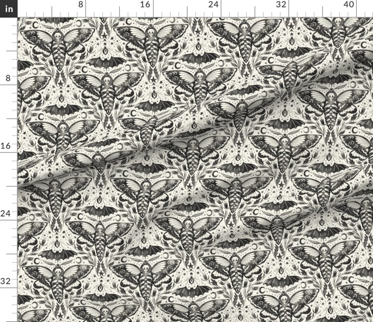Black And White Moth Bat Flower Stars Ink Watercolor Moon Ghosts October Gothic Halloween Custom Printed Fabric by Spoonflower Various Fabrics by the Yard or Fat Quarter